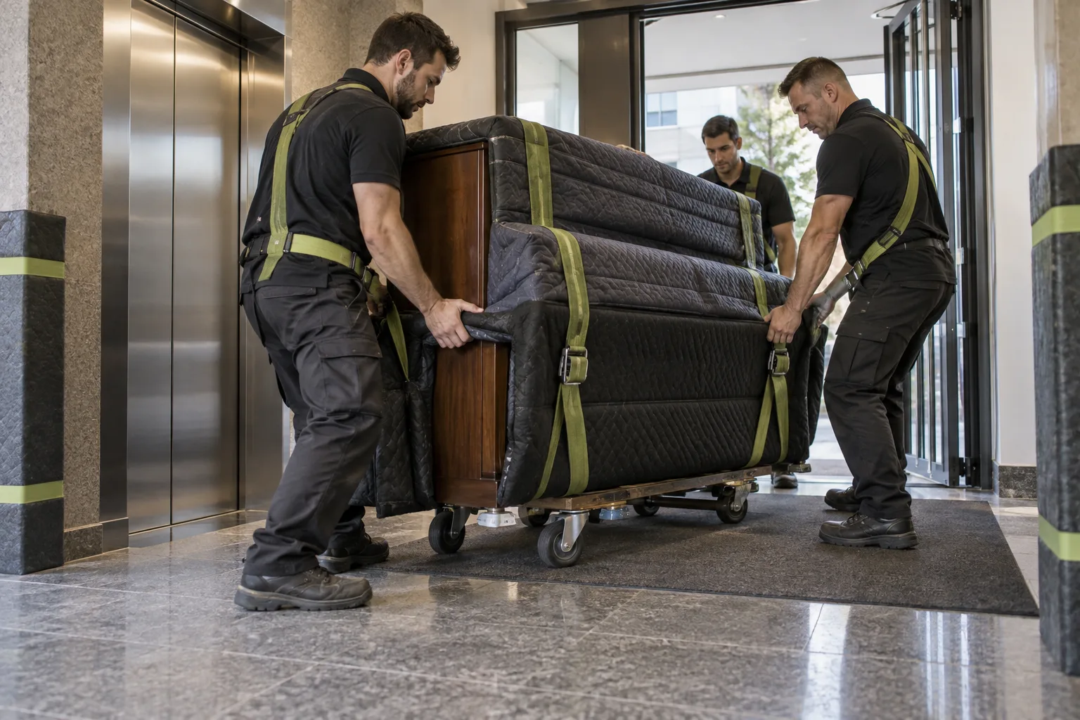 Fachkräfte bewegen ein geschütztes Klavier mit geeigneten Tragehilfen